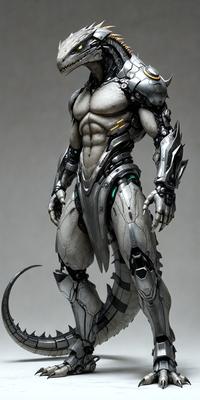 The primary subject of the image is a robotic character with a humanoid appearance. The robot is standing on a gray surface, which could be a wall or a floor. The visual style of the image is digital art, as it is a detailed and intricate representation of the robot. The colors and mood of the image are predominantly gray and futuristic, giving the impression of a high-tech, advanced setting.